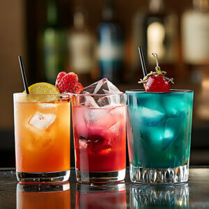 Bunte Cocktails auf Bar-Theke. Gilde Bowling Hamburg.