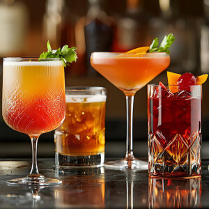 Cocktails und Drinks in vier unterschiedlichen Gläsern.